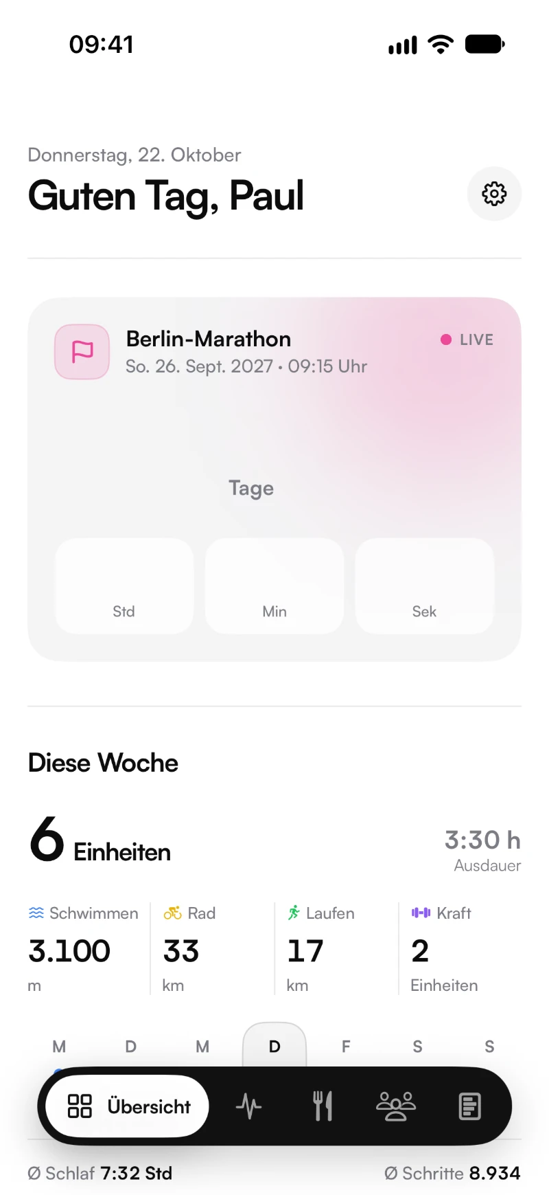Übersicht mit Countdown bis zum Berlin-Marathon und der Trainingswoche