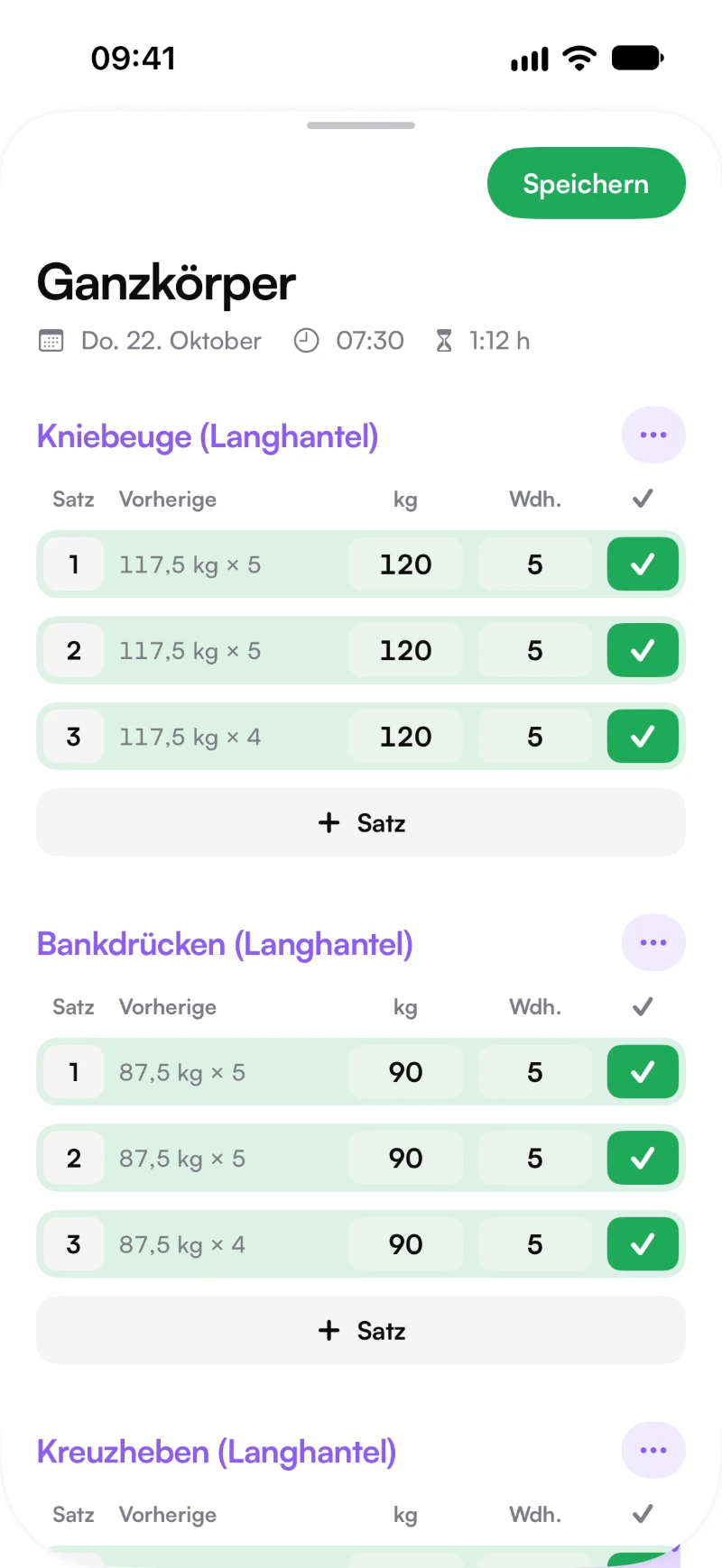Workout-Tracker mit Sätzen, Gewicht und Wiederholungen